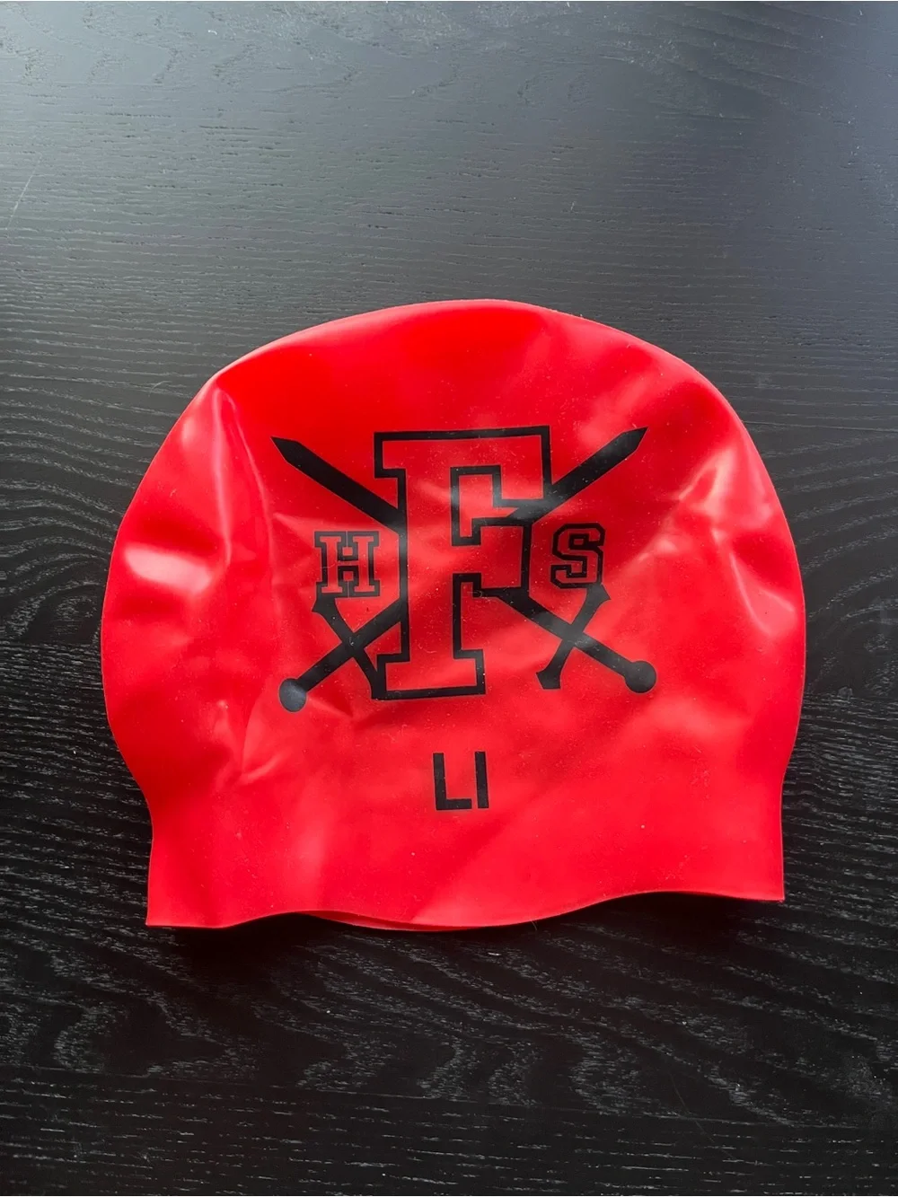 Red FHS Swim Cap Silicone One Size Red Black Logo LI